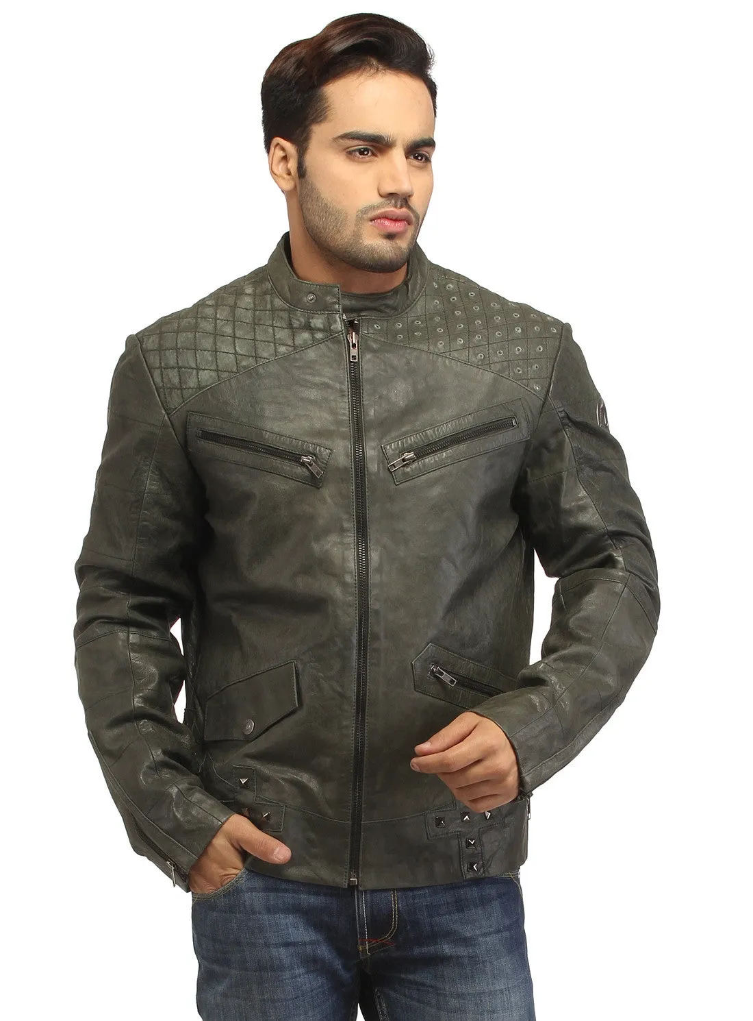 Men's Leather Washed Vintage Studded Rugged Jacket