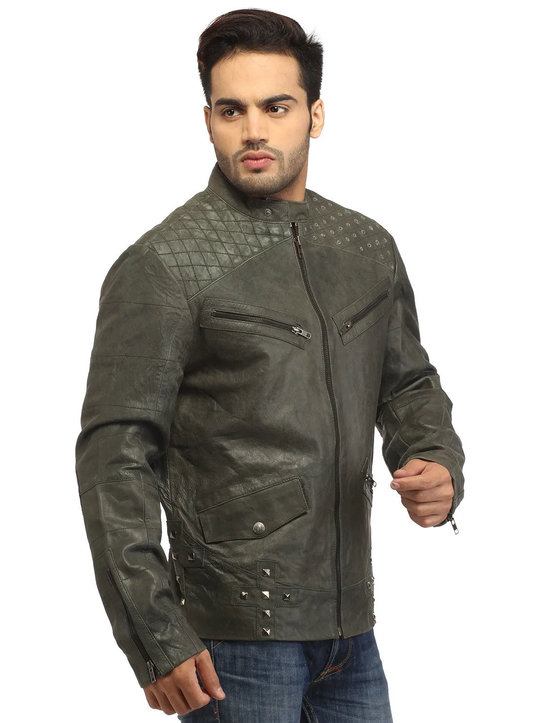 Men's Leather Washed Vintage Studded Rugged Jacket