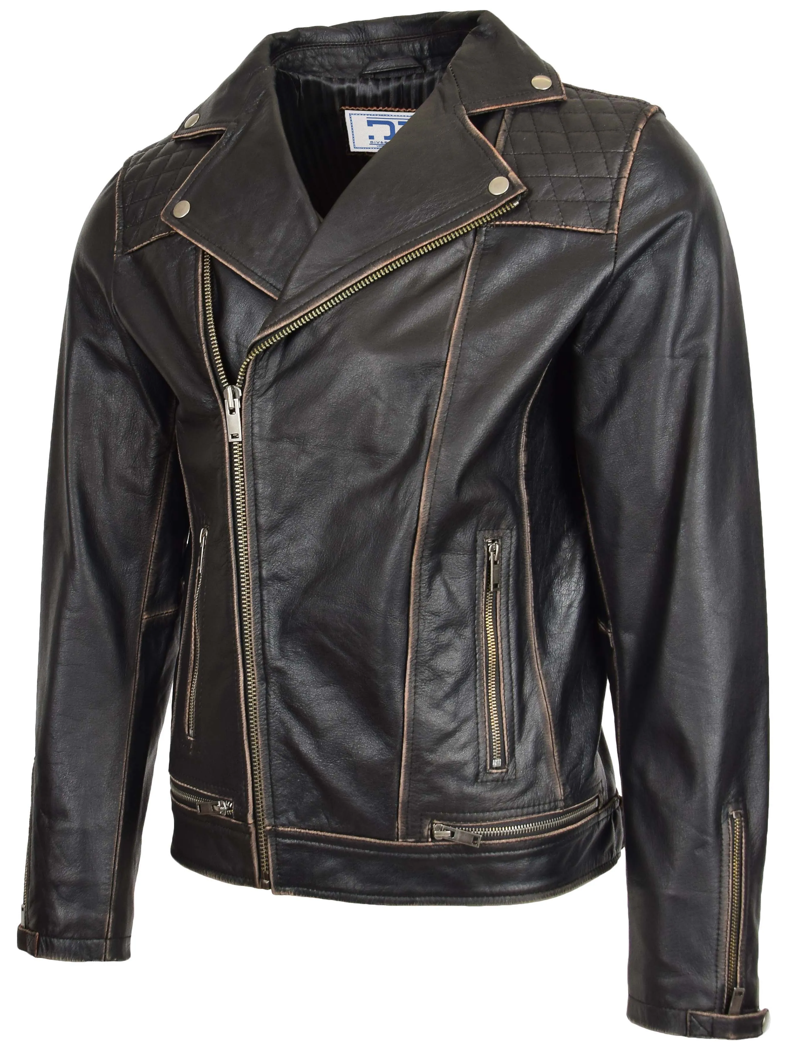 Men’s Real Leather Biker Jacket Cross Zip Rub Off Larz
