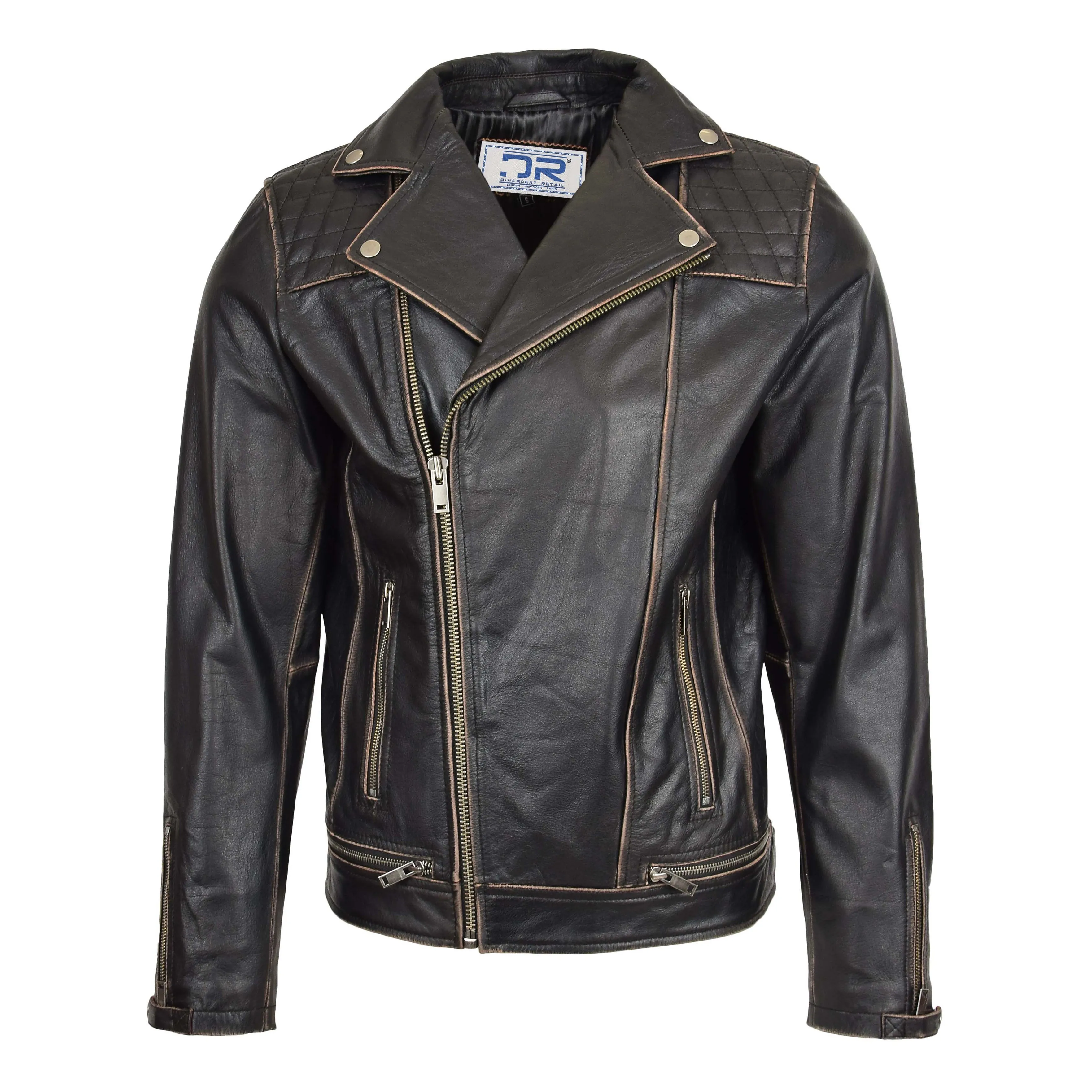 Men’s Real Leather Biker Jacket Cross Zip Rub Off Larz