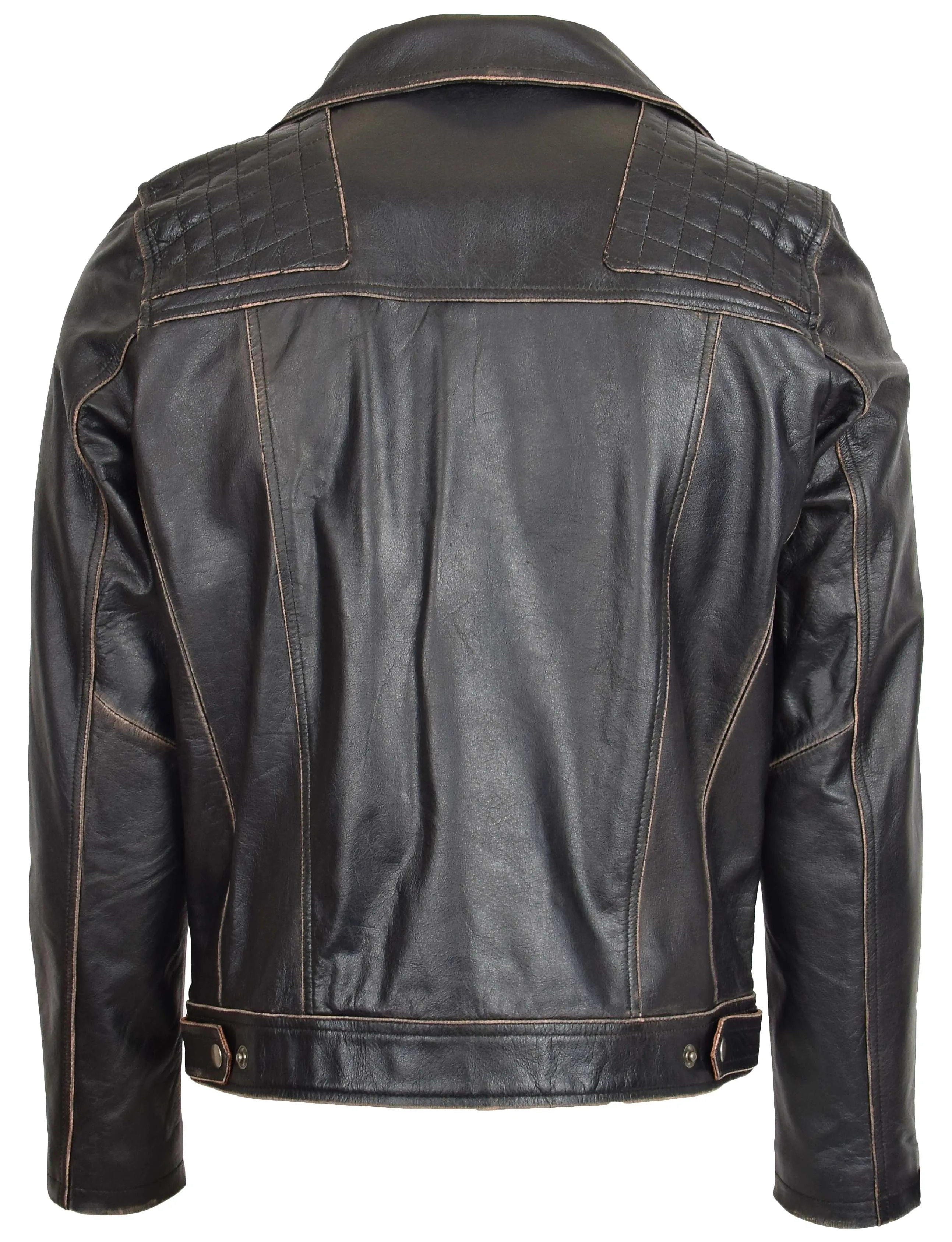 Men’s Real Leather Biker Jacket Cross Zip Rub Off Larz