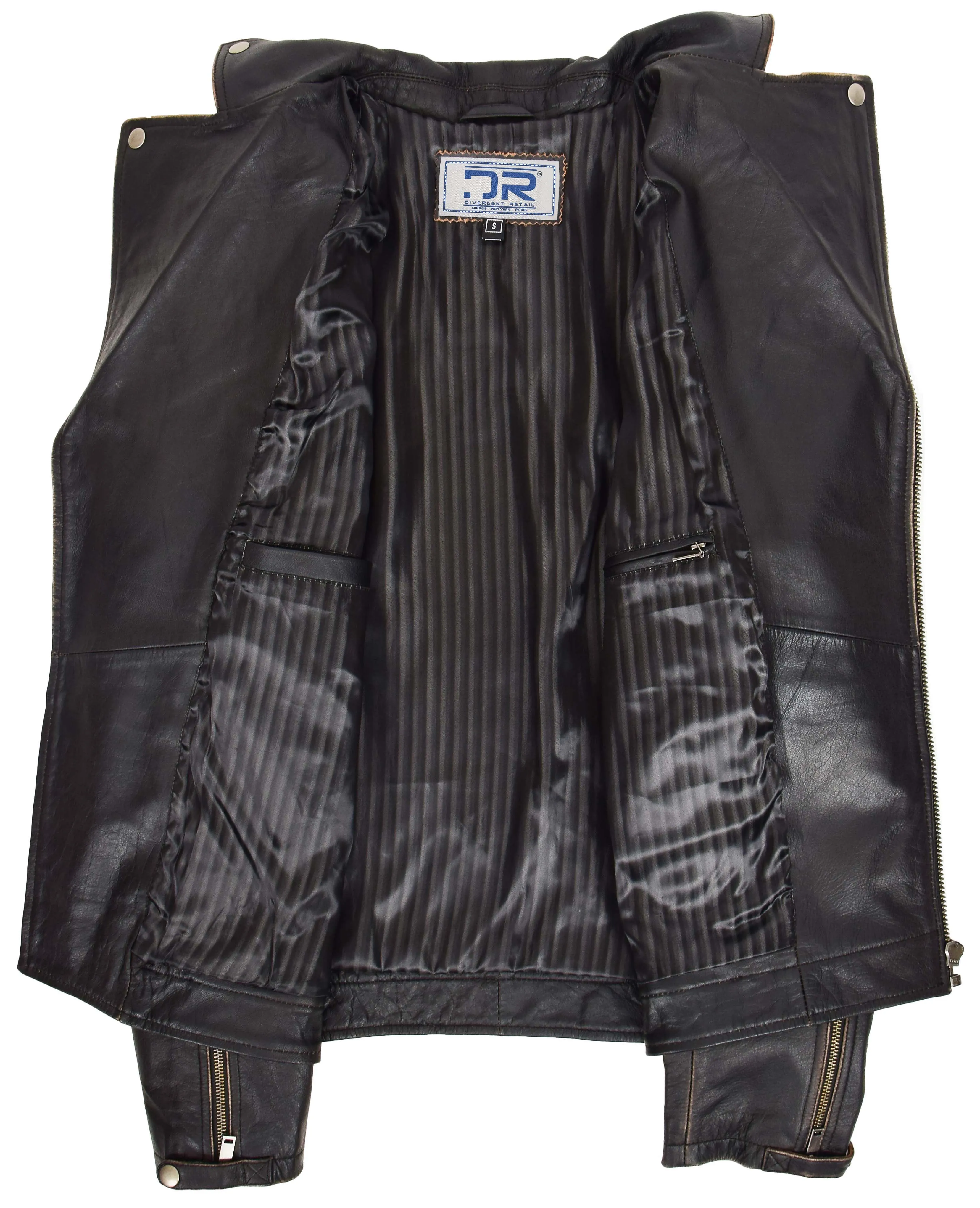 Men’s Real Leather Biker Jacket Cross Zip Rub Off Larz