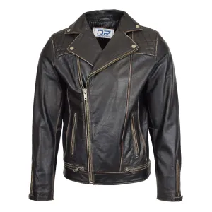 Men’s Real Leather Biker Jacket Cross Zip Rub Off Larz