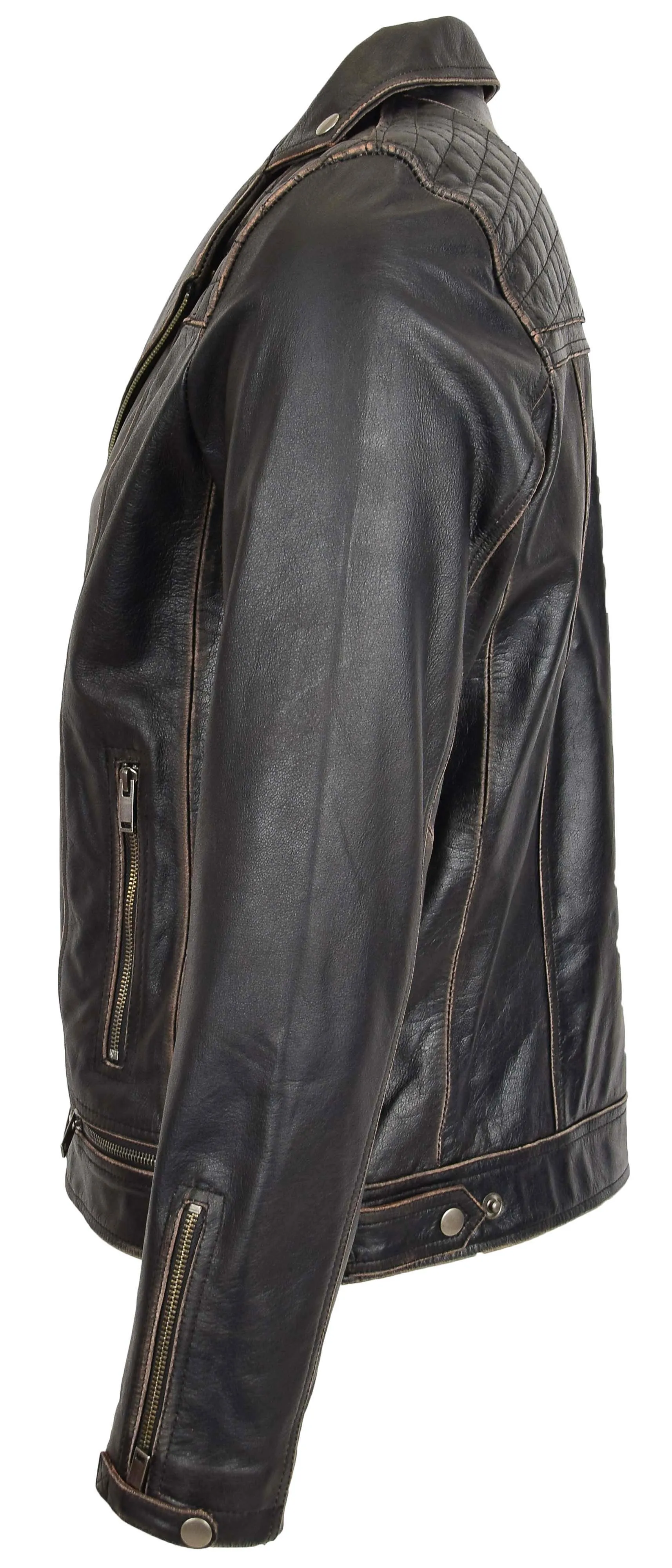 Men’s Real Leather Biker Jacket Cross Zip Rub Off Larz