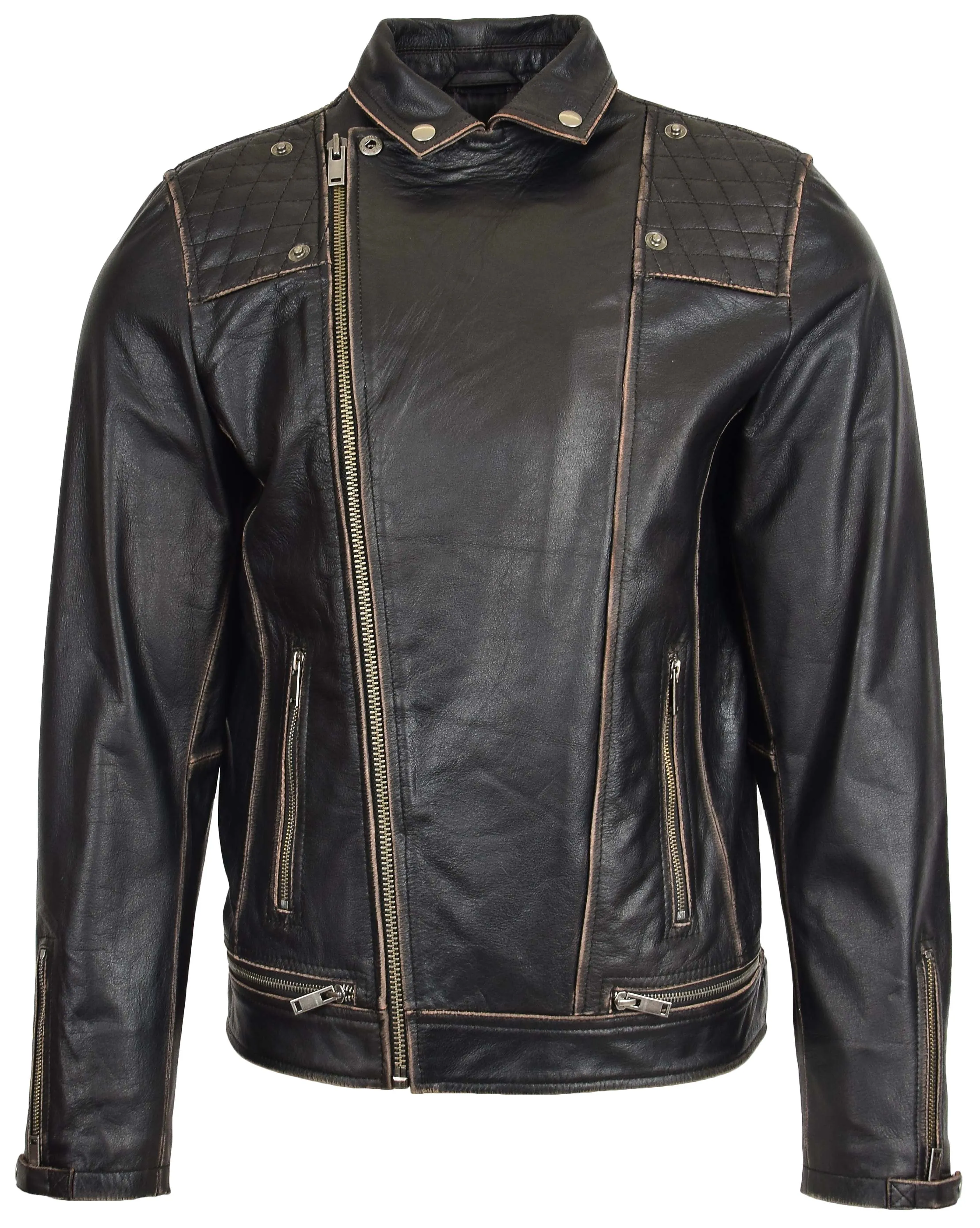Men’s Real Leather Biker Jacket Cross Zip Rub Off Larz