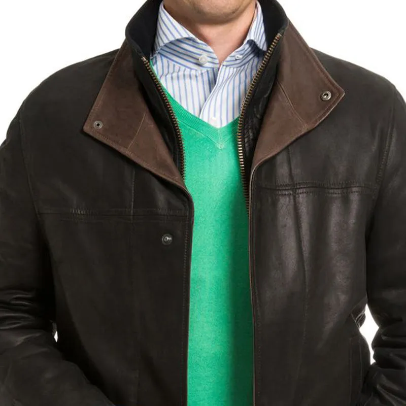 Men's Vintage Leather Stitching Stand Collar Leather Jacket 07874584U