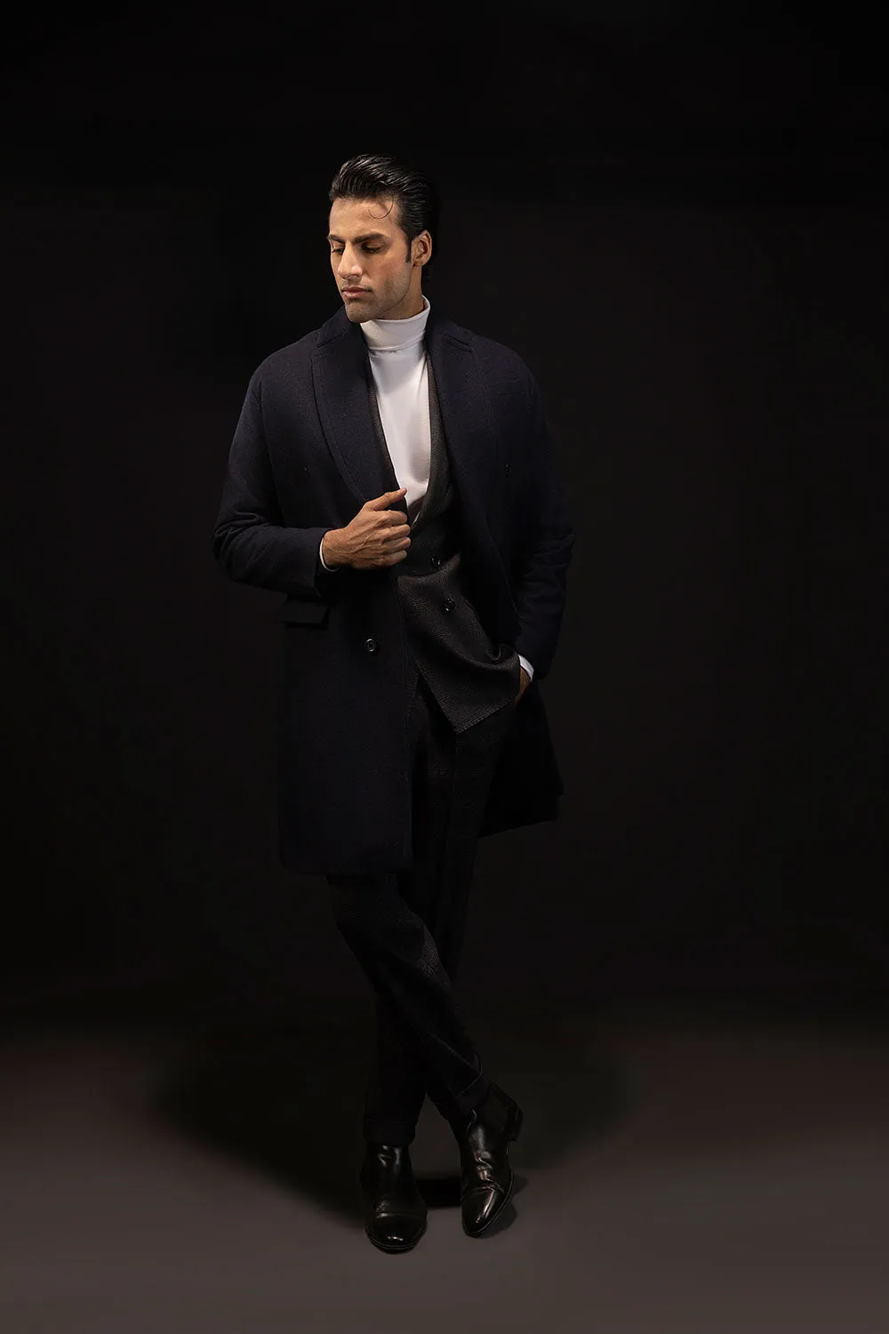 Navy Blue Double Breasted Wool Over Coat