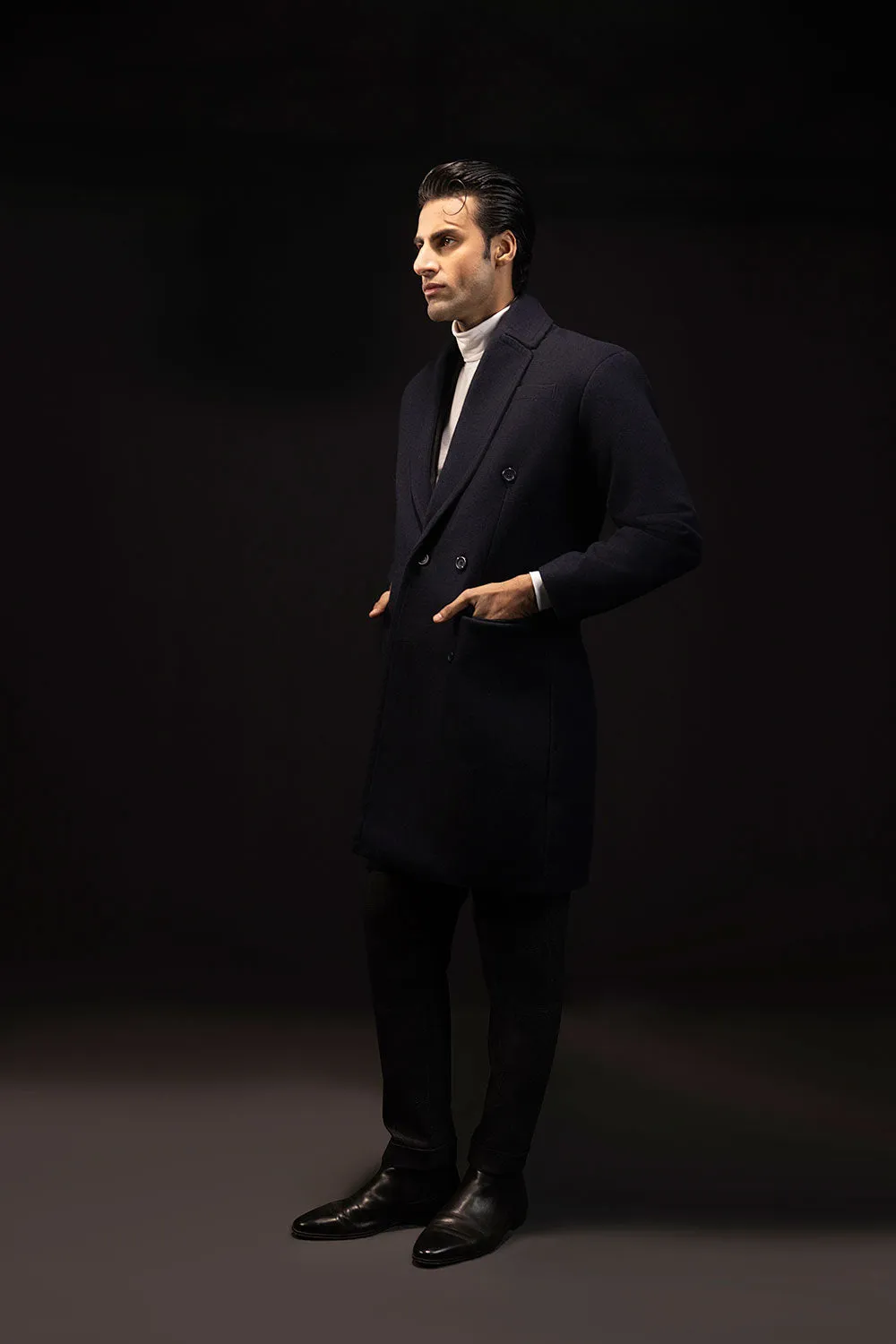 Navy Blue Double Breasted Wool Over Coat