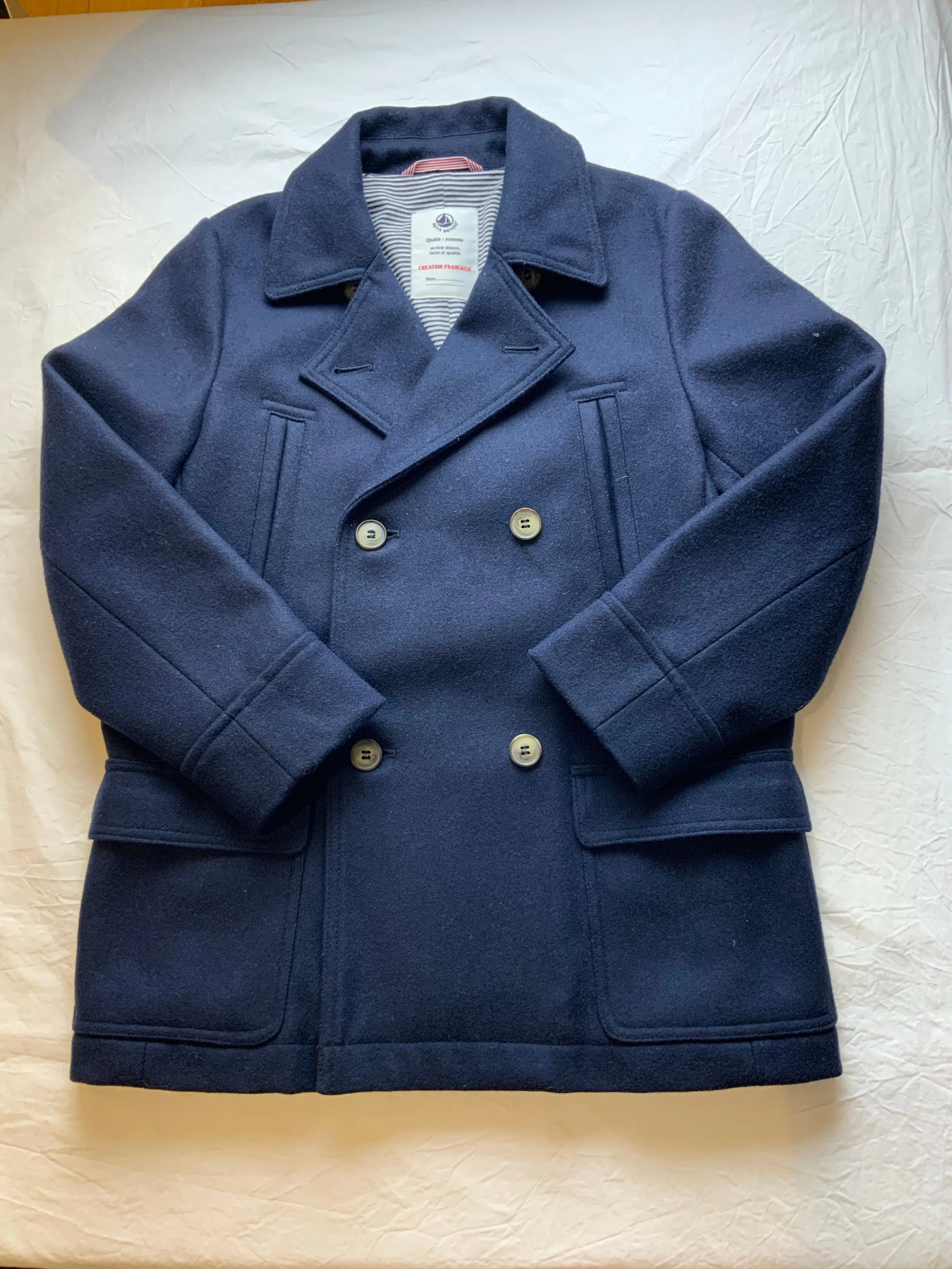 PETIT BATEAU Boys' Navy Blue Wool Double Breasted Peacoat Coat Size 8 years children