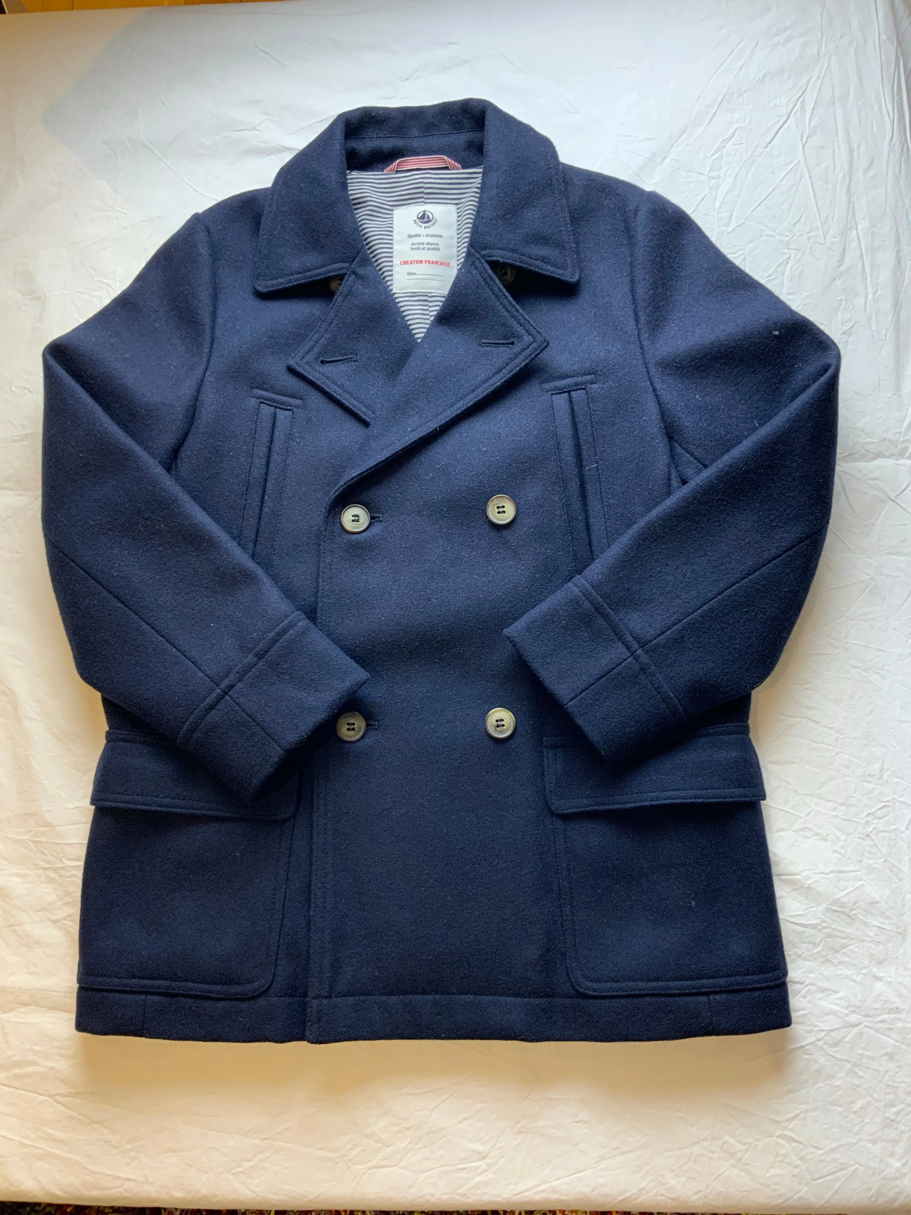 PETIT BATEAU Boys' Navy Blue Wool Double Breasted Peacoat Coat Size 8 years children