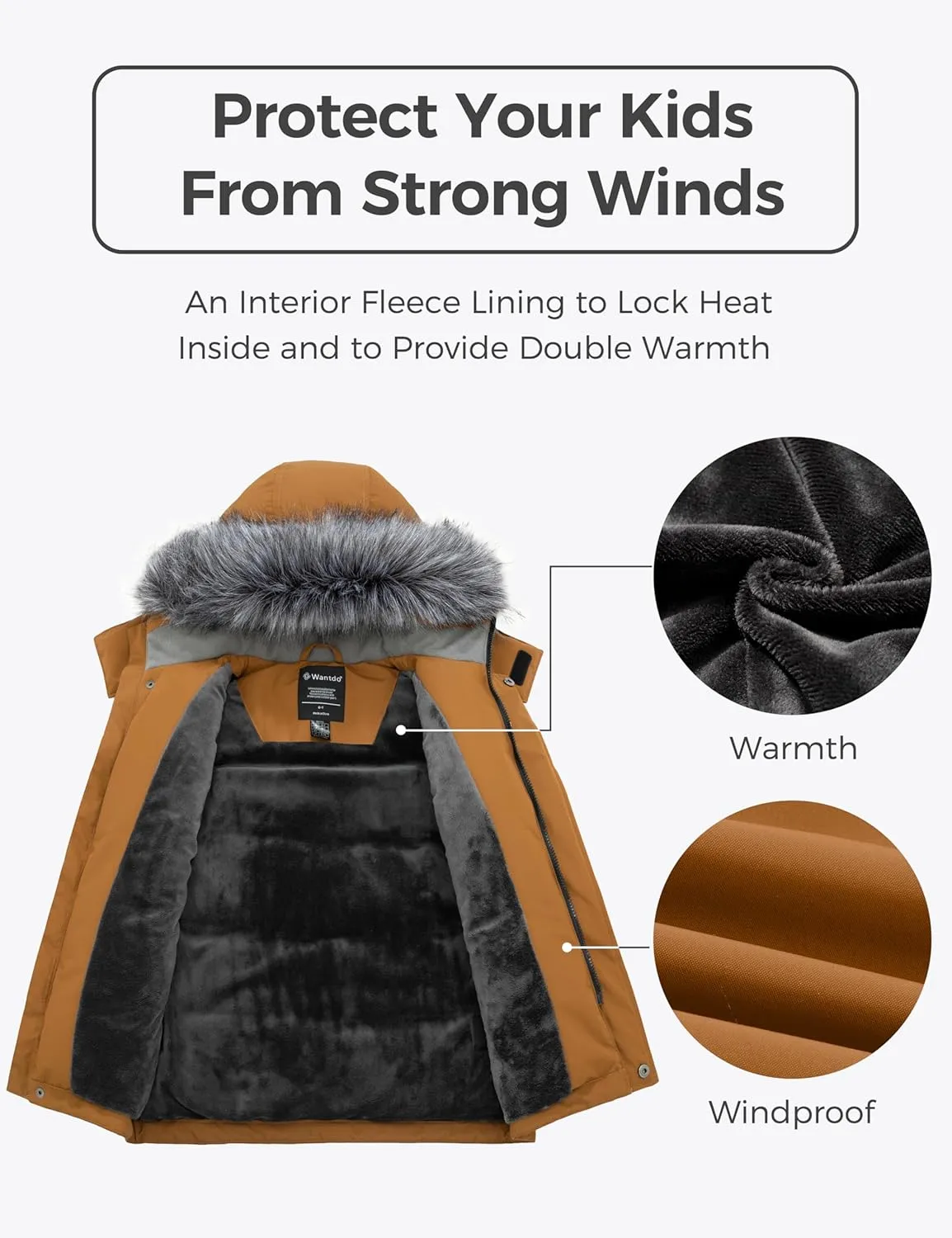 wantdo Boys' Winter Coat Waterproof Puffer Jacket Fleece Parka Hooded