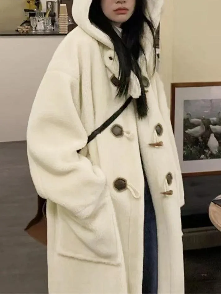 Wenkouban-Spring Casual Outfits Y2K Outfits Horn Button lambswool Hooded Jacket