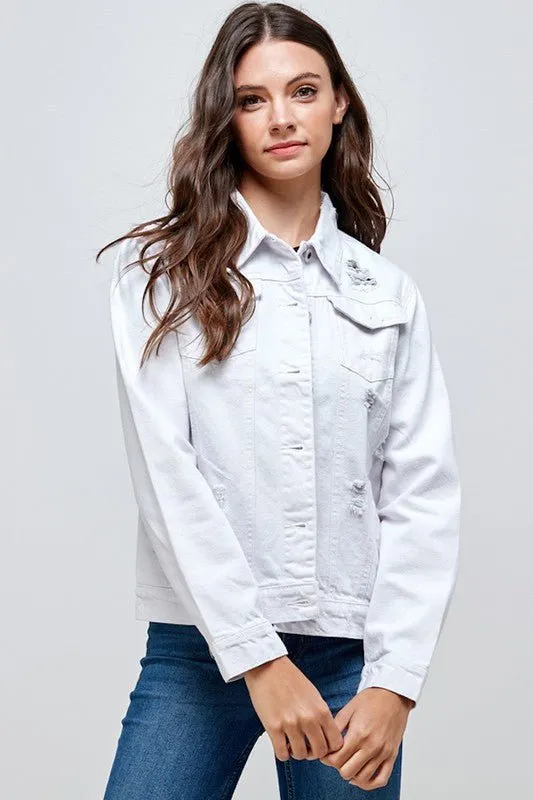 White Denim Jacket with Distressed(JK-4031-W)