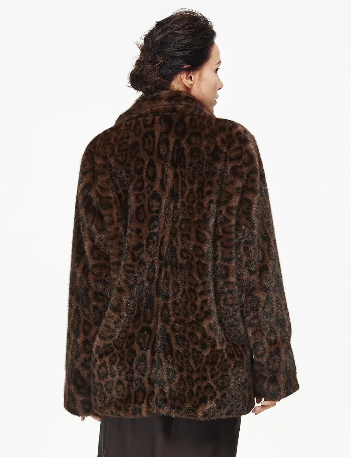 Women Faux Fur Leopard Coat with Pockets Lapel Cropped Jacket Long Sleeve Shaggy Outerwear for Fall Winter