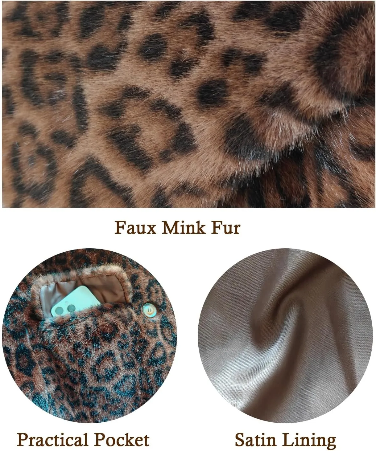 Women Faux Fur Leopard Coat with Pockets Lapel Cropped Jacket Long Sleeve Shaggy Outerwear for Fall Winter