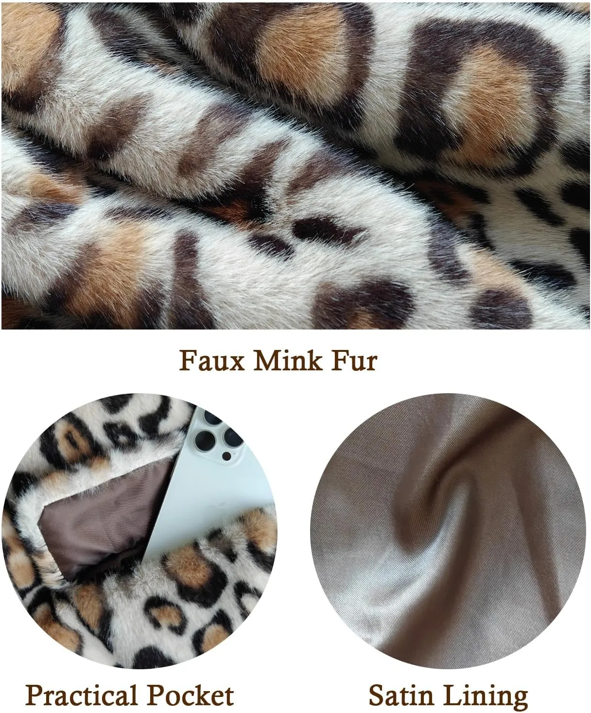 Women Faux Fur Leopard Coat with Pockets Lapel Cropped Jacket Long Sleeve Shaggy Outerwear for Fall Winter