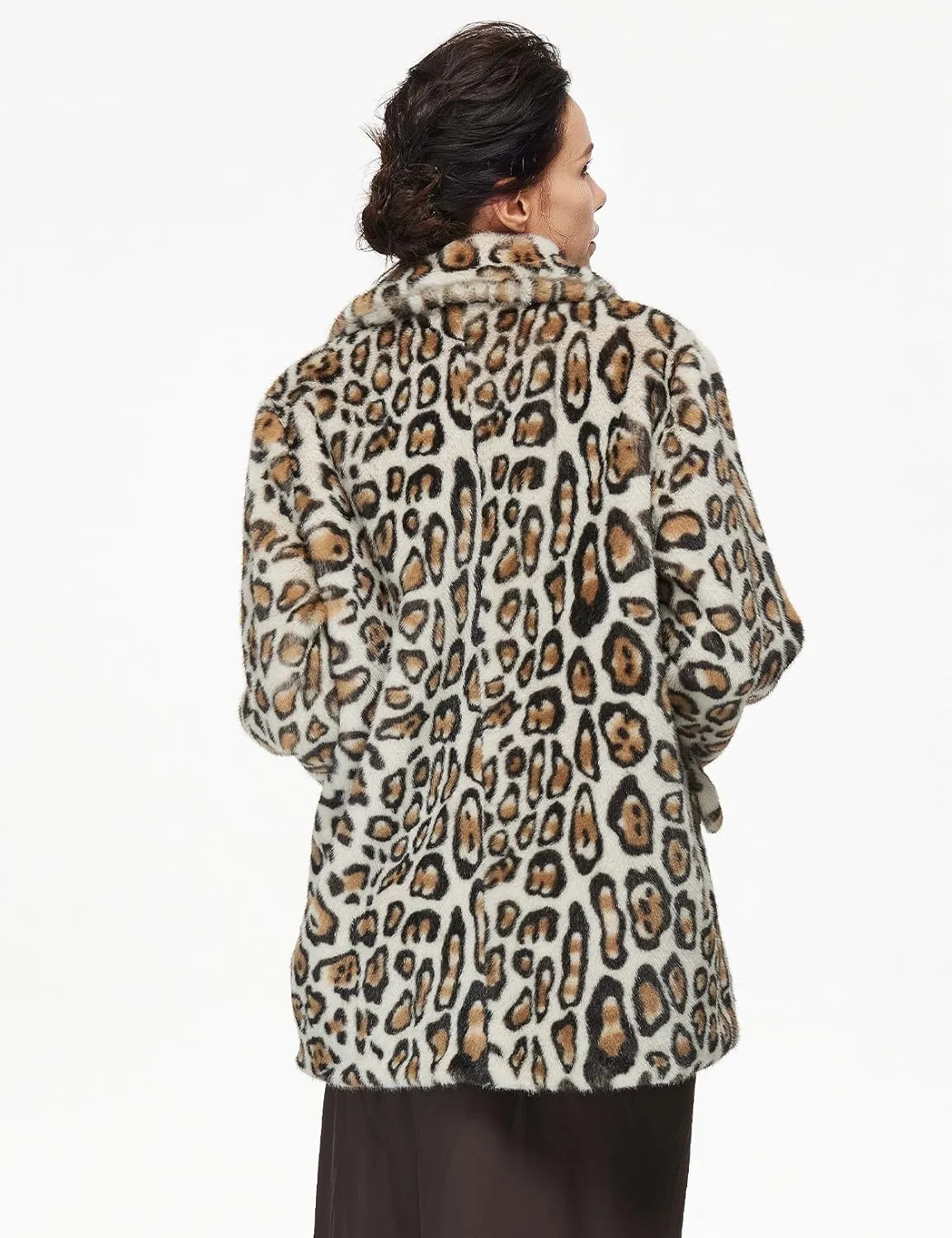 Women Faux Fur Leopard Coat with Pockets Lapel Cropped Jacket Long Sleeve Shaggy Outerwear for Fall Winter
