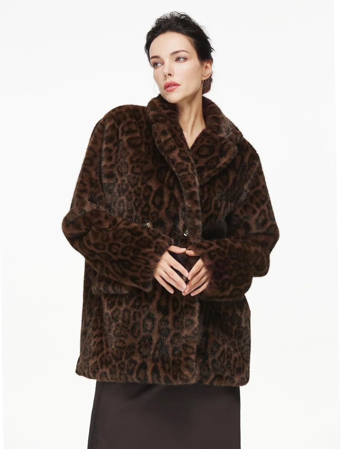 Women Faux Fur Leopard Coat with Pockets Lapel Cropped Jacket Long Sleeve Shaggy Outerwear for Fall Winter