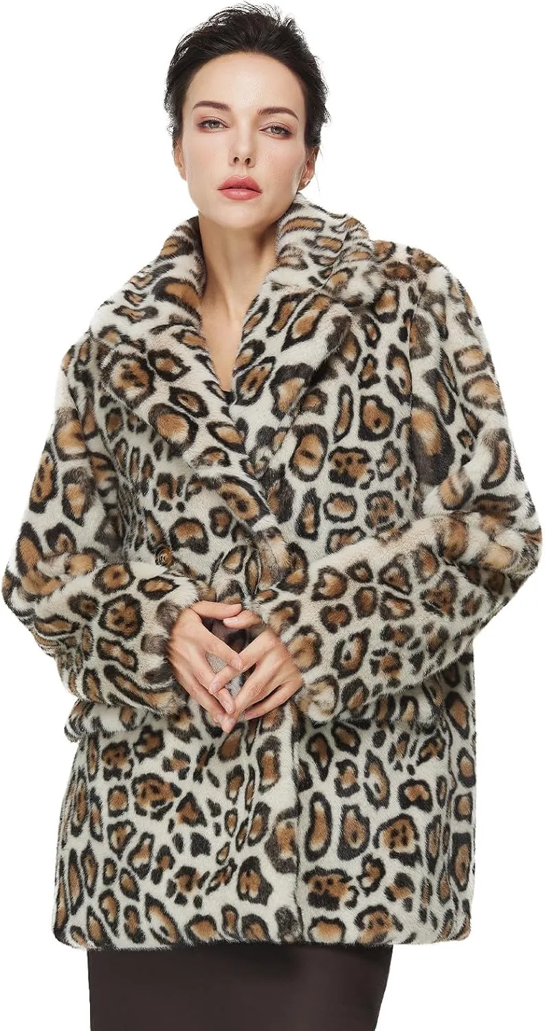 Women Faux Fur Leopard Coat with Pockets Lapel Cropped Jacket Long Sleeve Shaggy Outerwear for Fall Winter