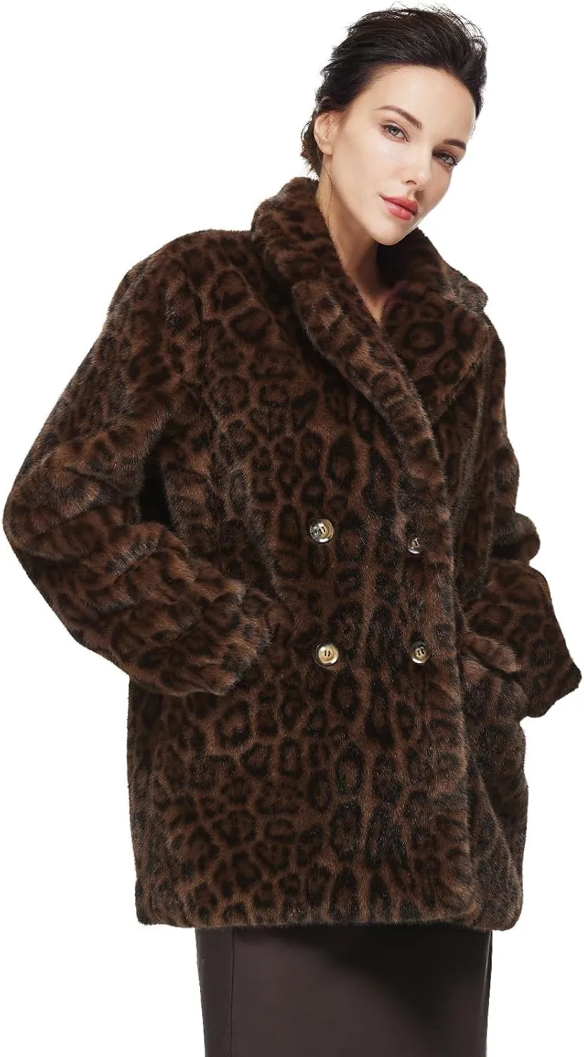 Women Faux Fur Leopard Coat with Pockets Lapel Cropped Jacket Long Sleeve Shaggy Outerwear for Fall Winter