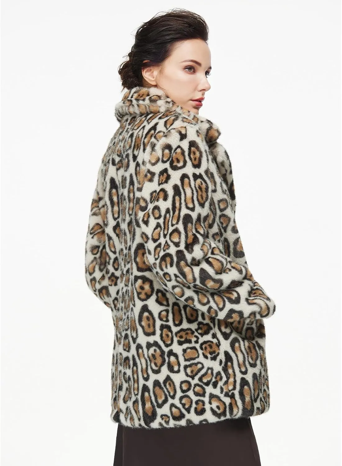 Women Faux Fur Leopard Coat with Pockets Lapel Cropped Jacket Long Sleeve Shaggy Outerwear for Fall Winter